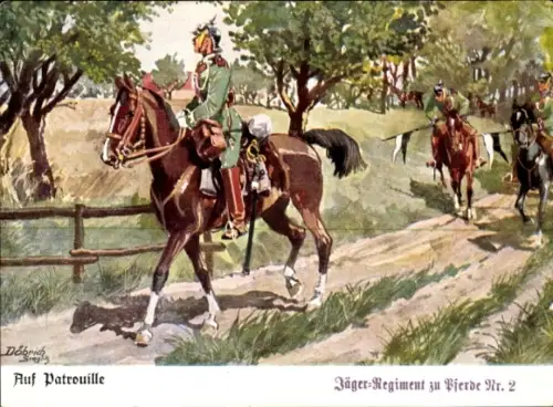 Künstler Ak Döbrich Steglitz, Königsjäger, auf Patrouille