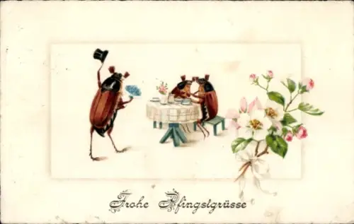 Ak Frohe Pfingsten, vermenschlichte Maikäfer am Tisch, Rosen
