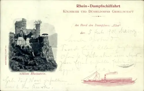 Ak Trechtingshausen am Rhein, Burg Rheinstein, Dampfer Elsa, Kölnisch Düsseldorfer Gesellschaft