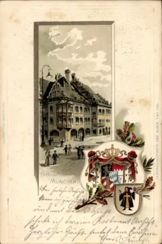 Präge Wappen Litho München, Straßenpartie am Hofbräuhaus, Münchner Kindl