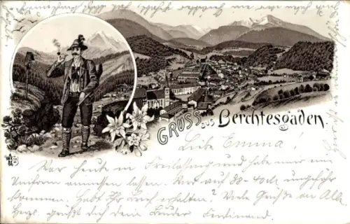 Litho Berchtesgaden in Oberbayern, Gesamtansicht, Wanderer in Tracht