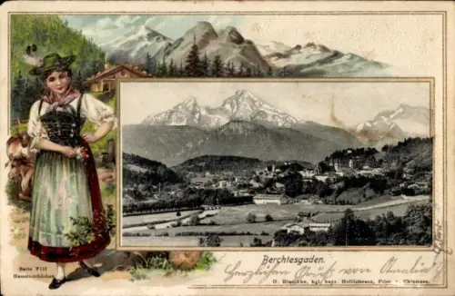 Präge Passepartout Ak Berchtesgaden in Oberbayern, Panorama, Frau in Tracht