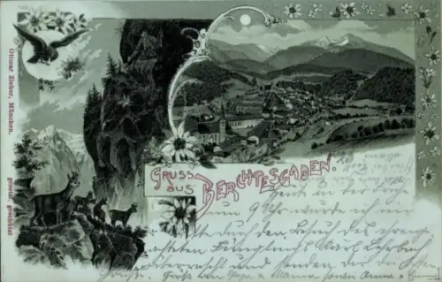 Mondschein Litho Berchtesgaden in Oberbayern, Panorama, Gämsen, Adler