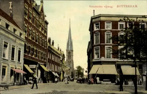 Ak Rotterdam Südholland Niederlande, Goudsche rijweg, Kirche, Geschäfte