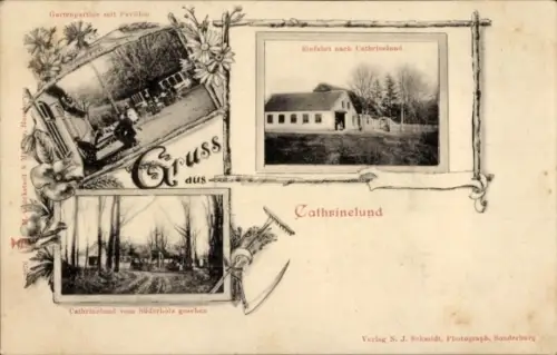 Ak Cathrinelund Sonderburg Dänemark, Gartenpartie mit Pavillon, Blick vom Süderholz