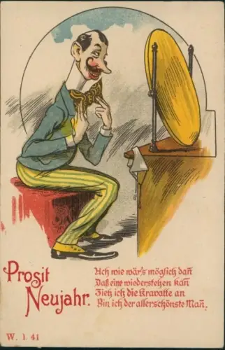 Ak Glückwunsch Neujahr, Mann macht sich hübsch, Spiegel, Fliege