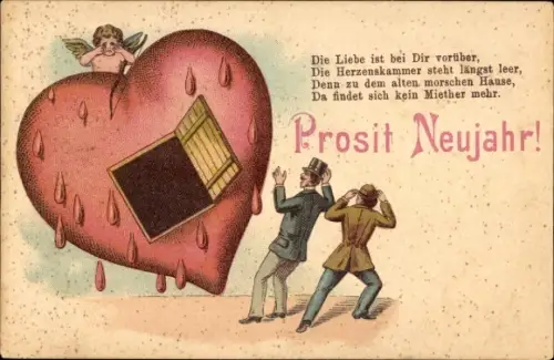Litho Glückwunsch Neujahr, Geöffnetes Herz, Weinender Engel, Liebe ist bei Dir vorüber...