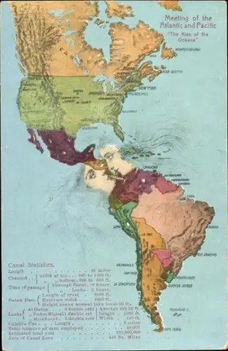 Präge Landkarten Ak Meeting of the Atlantic and Pacific The Kiss of the Oceans, Gesichter