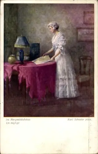 Künstler Ak Schuster, Karl, Im Morgenhäubchen, Frauenbildnis