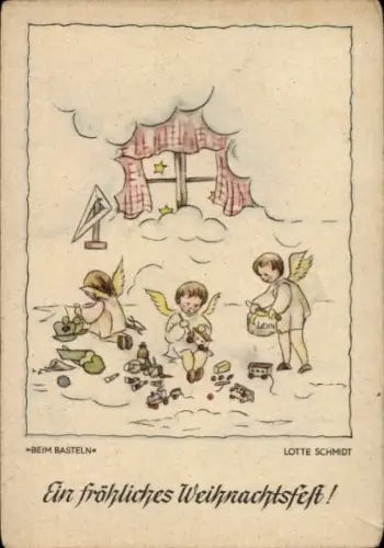 Künstler Ak Schmidt, L., Glückwunsch Weihnachten, Engel beim Basteln