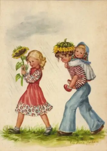 Künstler Ak Stahlberg, E. M., Kinder, Blumen, Regenwetter