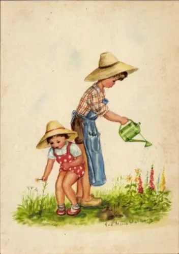 Künstler Ak Stahlberg, Eva Maria, Kinder gießen Blumen im Garten, Gießkanne