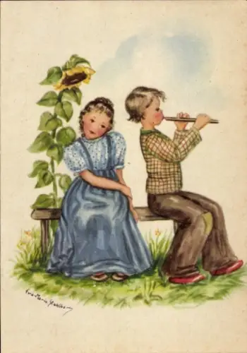 Künstler Ak Stahlberg, E. M., Kinder, Sonnenblume, Flöte