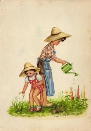 Künstler Ak Stahlberg, Eva Maria, Kinder gießen Blumen im Garten, Gießkanne