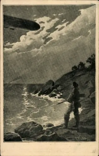 Künstler Ak Winter, K., Wacht am Meer, Zeppelin