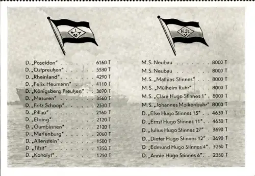Ak Fahnen Reederei Poseidon, K. I. A. G., H. St. Hugo Stinnes, Ostpreußen, Rheinland