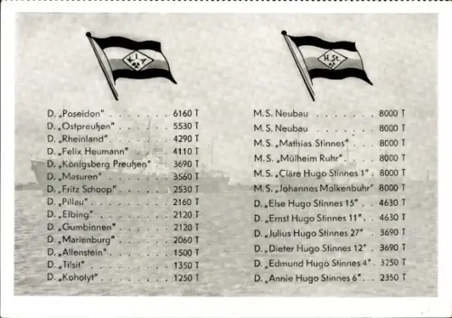 Ak Fahnen Reederei Poseidon, K.I.A.G., H. St. Hugo Stinnes, Ostpreußen, Rheinland