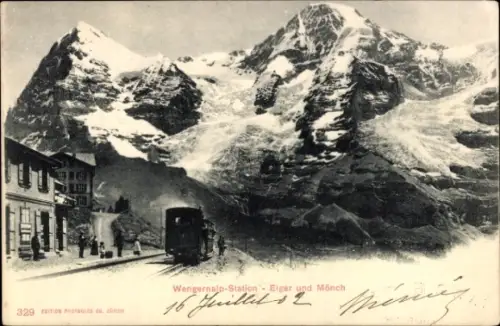 Ak Kanton Bern Schweiz, Wengernalp Station, Eiger und Mönch