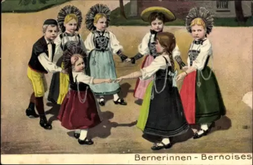 Präge Ak Kanton Bern, Kinder tanzen im Kreis, Volkstrachten
