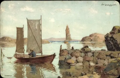Künstler Ak Norwegen, Leirvik-Fjord, Segelboot