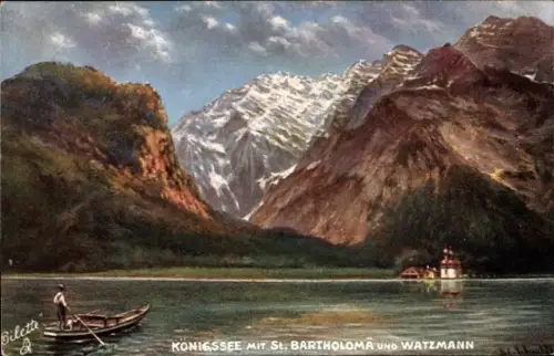 Künstler Ak Sankt Bartholomä Schönau am Königssee, Seemotiv mit Watzmann