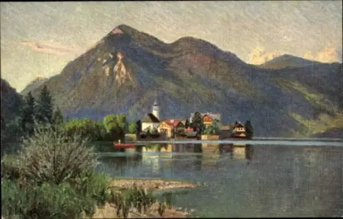 Ak Walchensee Kochel am See, Berglandschaft, See, Dorf  Boote