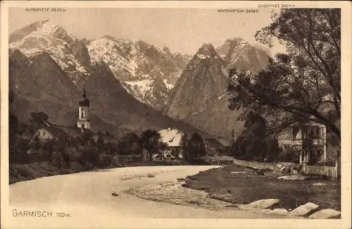 Ak Garmisch Partenkirchen in Oberbayern, Berglandschaft, Zugspitze, Alpspitze, Waxenstein,  Fluss