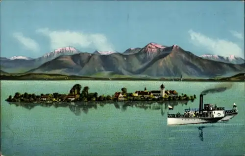 Ak Fraueninsel Chiemsee Oberbayern, Blick auf die Fraueninsel, Salondampfer