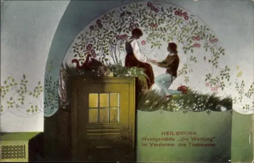 Ak Heilbronn am Neckar, Wandgemälde "Die Werbung", Vorzimmer des Trauraumes, Heilbronn