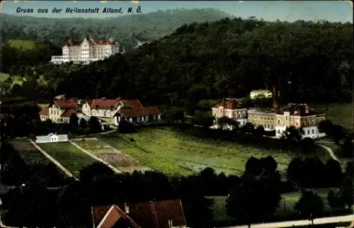 Ak Alland im Gebirge Niederösterreich, Heilanstalt  Landschaft, Bäume, Gebäude