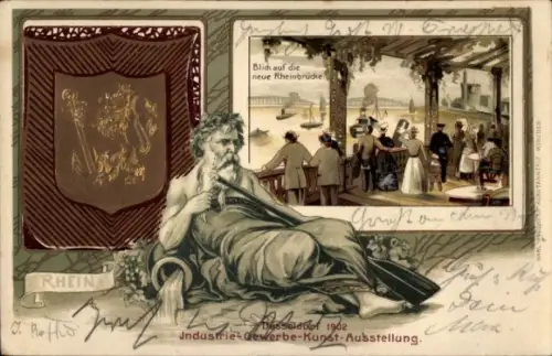 Präge Wappen Litho Düsseldorf, Industrie- und Gewerbeausstellung 1902, Rheinbrücke