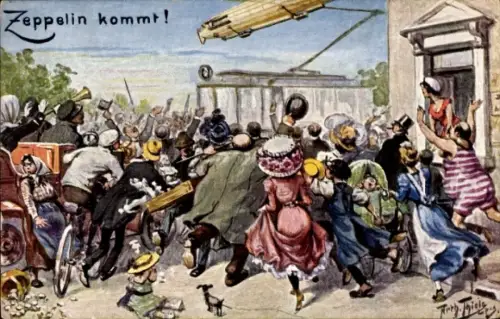 Künstler Ak Thiele, Arthur, Zeppelin kommt, Luftschiff, jubelnde Menge