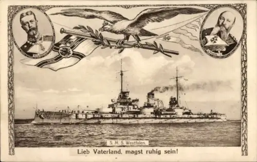 Ak Kriegsschiff S.M.S. Westfalen, Großadmiral Alfred von Tirpitz, Heinrich von Preußen
