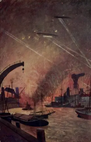 Künstler Ak Hubert, A., Luftangriff auf die Londoner Hafenanlagen