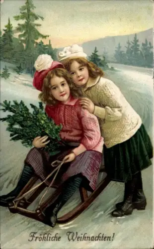 Ak Glückwunsch Weihnachten, Kinder, Schlitten