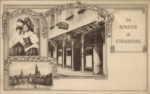 Passepartout Ak Straßburg Elsass Bas Rhin, Gesamtansicht, Frauen in Tracht