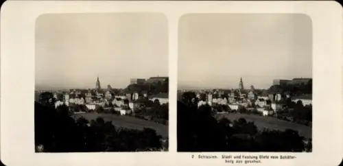 Stereo Foto Kłodzko Glatz Schlesien, Gesamtansicht, Schäferberg, Festung