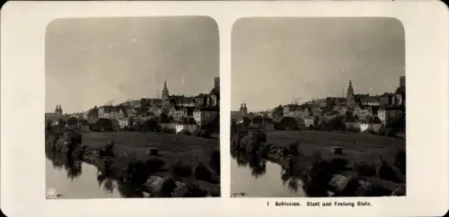 Stereo Foto Kłodzko Glatz Schlesien, Gesamtansicht, Festung