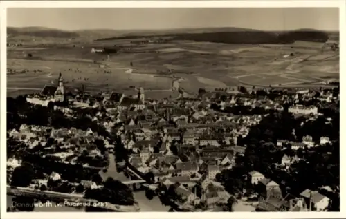 Ak Donauwörth in Schwaben Bayern, Luftaufnahme von  Fluss, Häuser, Landschaft