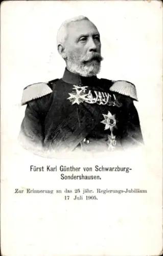 Ak Fürst Karl Günther von Schwarzburg Sondershausen, 25. Regierungsjubiläum 1905, Portrait
