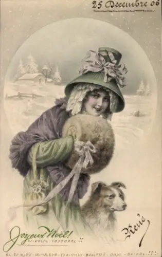 Ak Glückwunsch Weihnachten, Junge Frau in Winterkleid, Muff, Hund, Munk 156