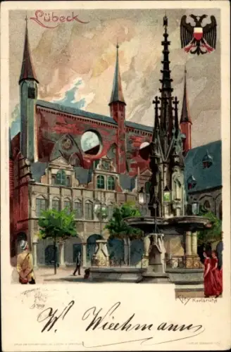 Wasppen Künstler Litho Kley, Heinrich, Lübeck, Historisches Rathaus am Markt, Brunnen