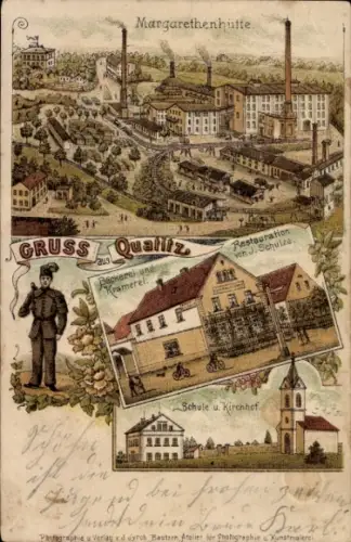 Litho Margarethenhütte Quatitz Großdubrau in Sachsen, Schule, Kirchhof, Restauration J. Schulze