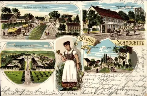 Litho Schmochtitz Bautzen Oberlausitz, Rittergut, Gasthaus, Dorfplatz Nieder-Uhna, Straße Ober-Uhna