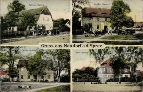 Ak Neudorf an der Spree Malschwitz Oberlausitz, Gasthof, älteste Schule, zweite Schule, neue Schule
