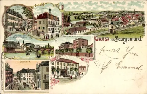 Litho Sarreguemines Saargemünd Lothringen Moselle, Rathaus, Höhere Töchterschule, Markt, Kaserne