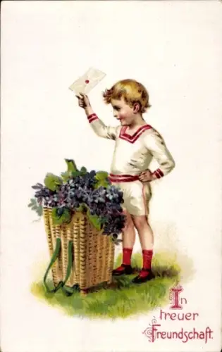 Litho In treuer Freundschaft, Junge mit einem Brief, Blumen
