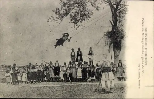Ak Souvenir d'Orient, Fetes de Village Serbe, serbische Tracht, Schaukel