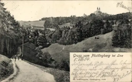 Ak Linz an der Donau Oberösterreich, Pöstlingberg, Landschaft mit Hügeln, Pöstlingberg, Wanderer,