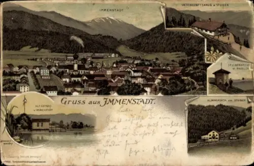 Litho Immenstadt im Allgäu Schwaben, Gesamtansicht, Unterkunftshaus am Stuben, Alpseebad